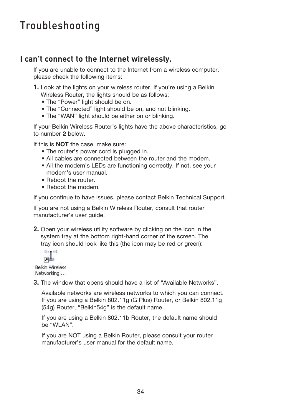Troubleshooting, I can’t connect to the internet wirelessly | Belkin F5D8053EA User Manual | Page 36 / 291