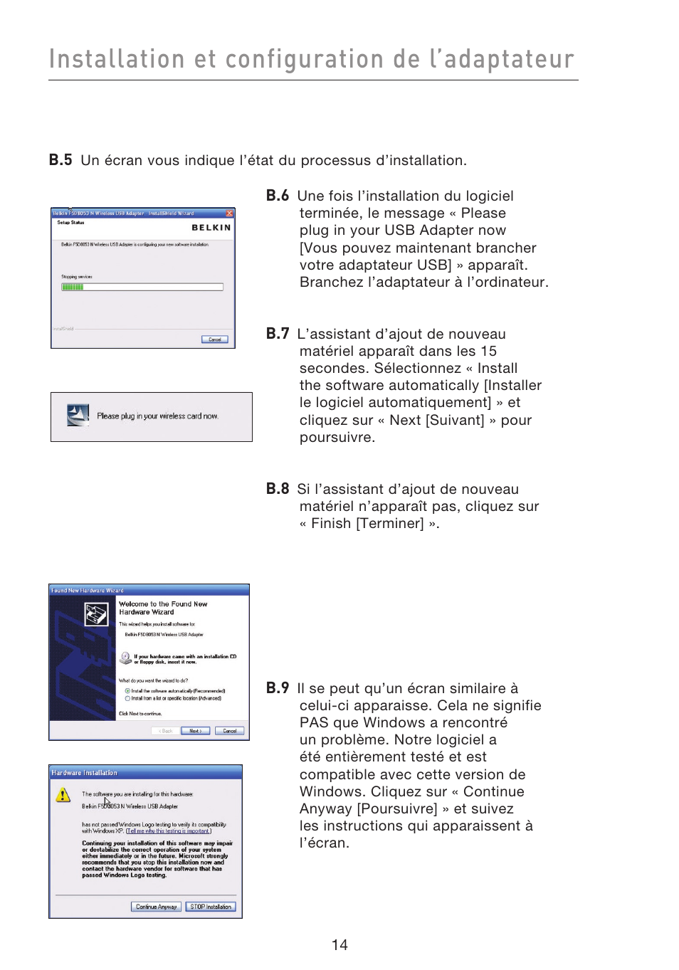 Installation et configuration de l’adaptateur | Belkin F5D8053EA User Manual | Page 64 / 291
