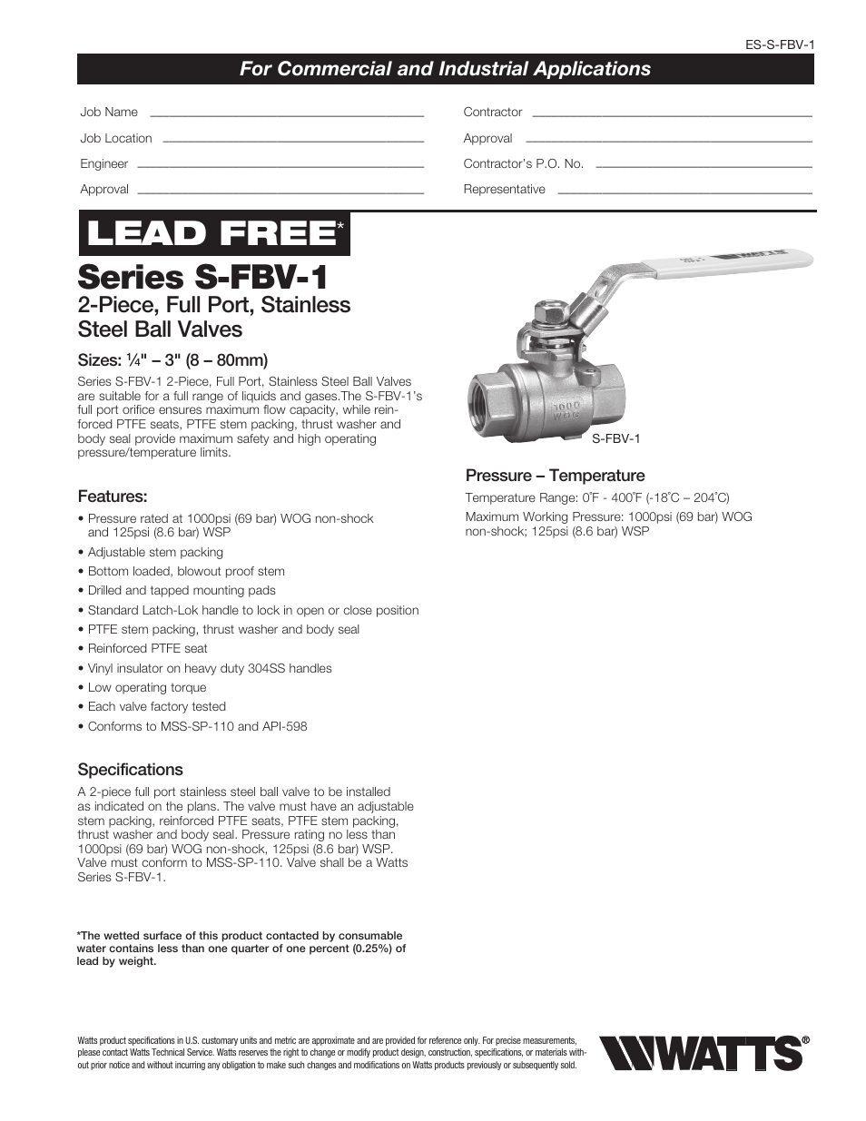 Watts S-FBV-1 User Manual | 2 pages