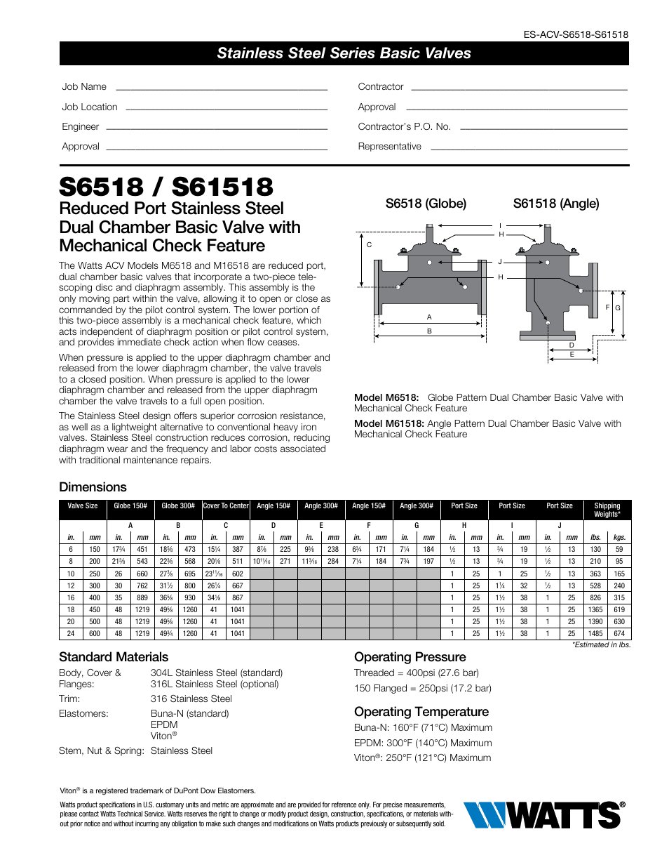 Watts S6518 / S61518 User Manual | 2 pages