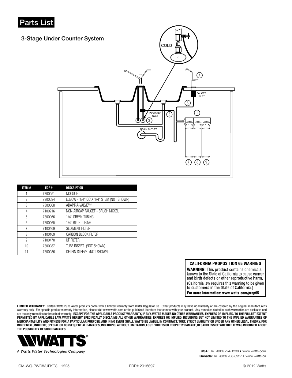 Parts list, Stage under counter system | Watts PWDWUFKC3 User Manual | Page 8 / 8