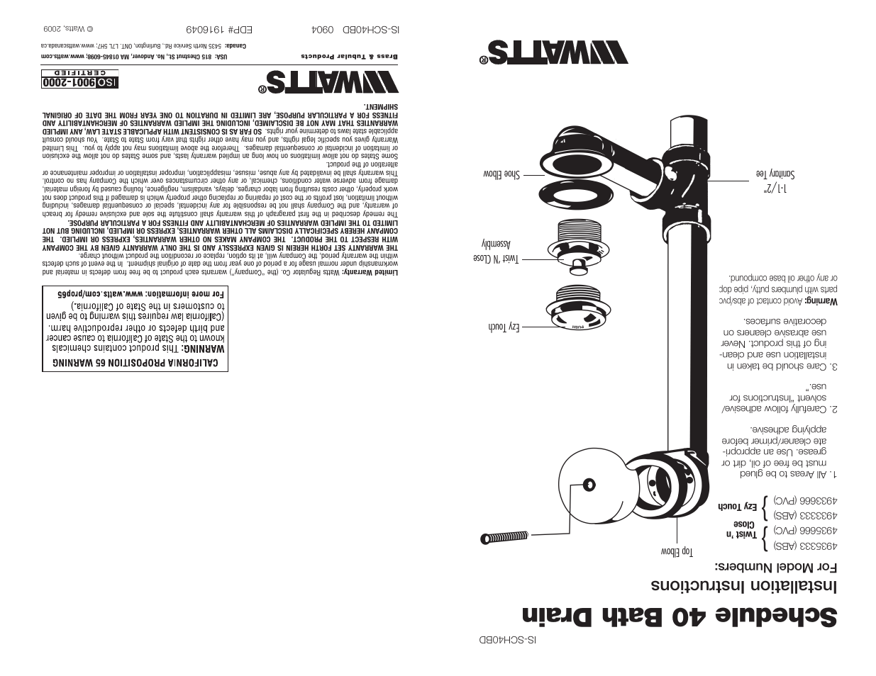 Schedule 40 bath drain, Installation instructions, For model numbers | Watts 493 5666 User Manual | Page 2 / 2