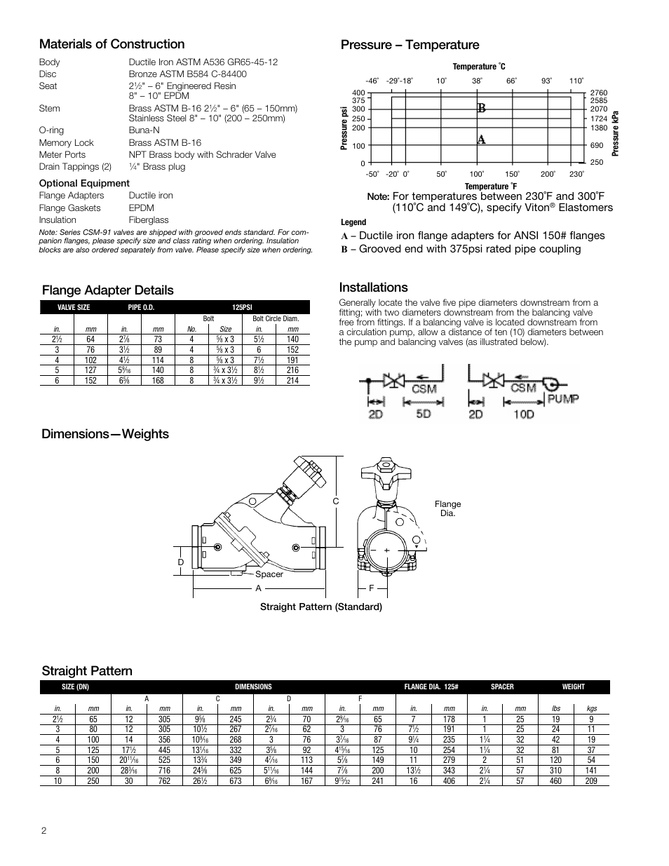 Straight pattern, Materials of construction, Pressure – temperature dimensions—weights | Installations, Flange adapter details, Elastomers, Ductile iron flange adapters for ansi 150# flanges, Grooved end with 375psi rated pipe coupling | Watts CSM-91 User Manual | Page 2 / 4