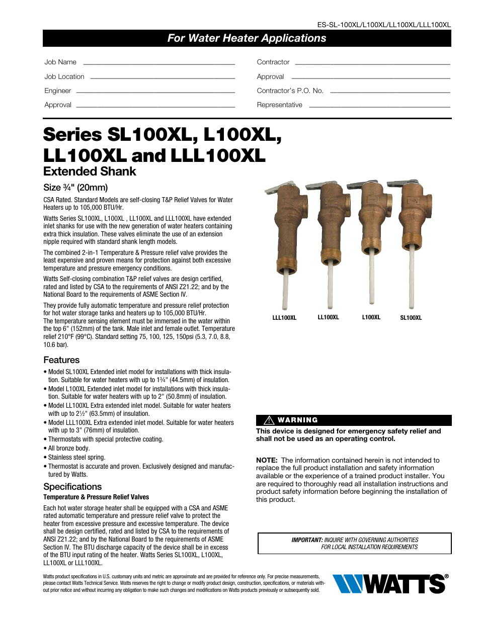 Watts LLL100XL User Manual | 2 pages