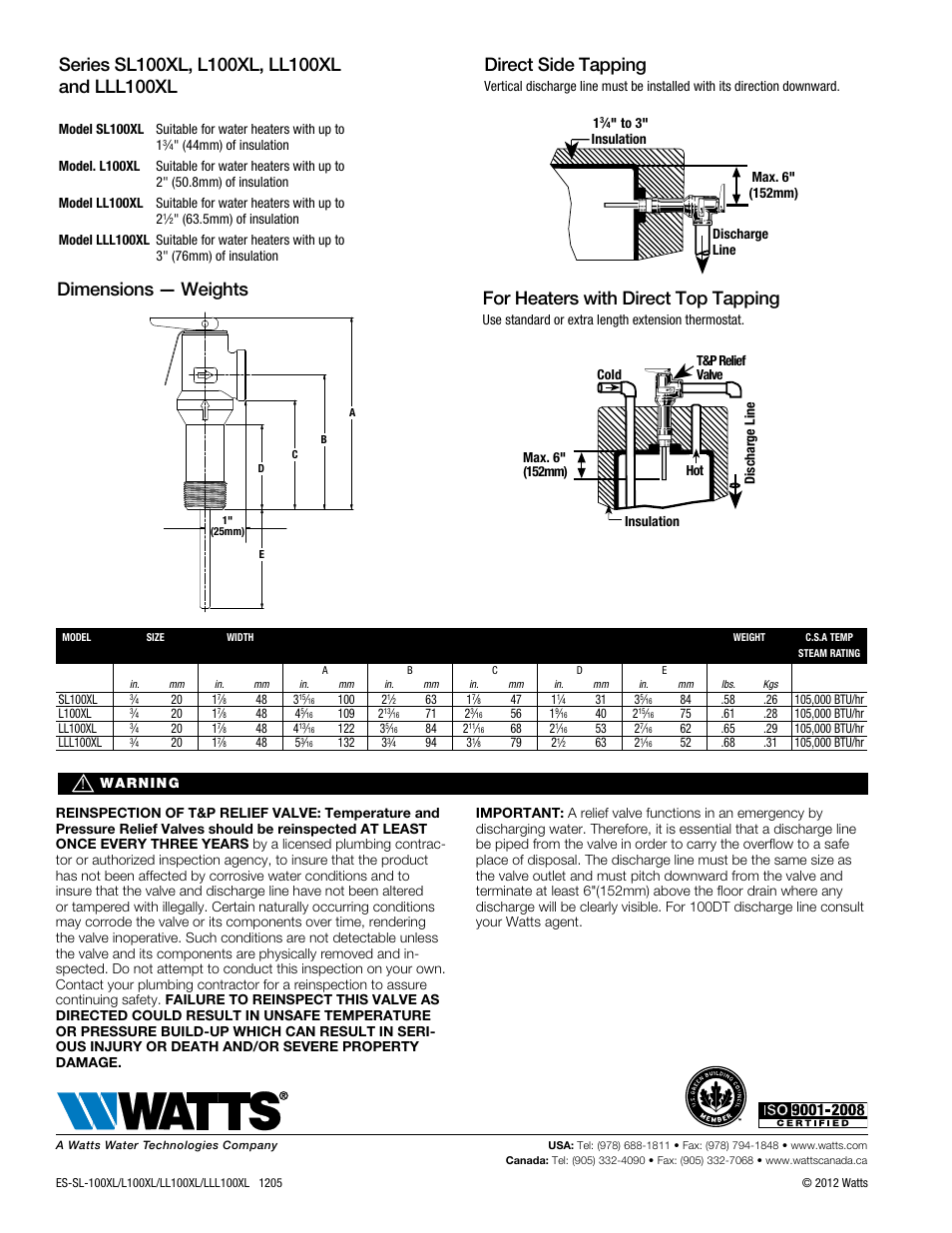 Direct side tapping, For heaters with direct top tapping, Dimensions — weights | Watts LLL100XL User Manual | Page 2 / 2