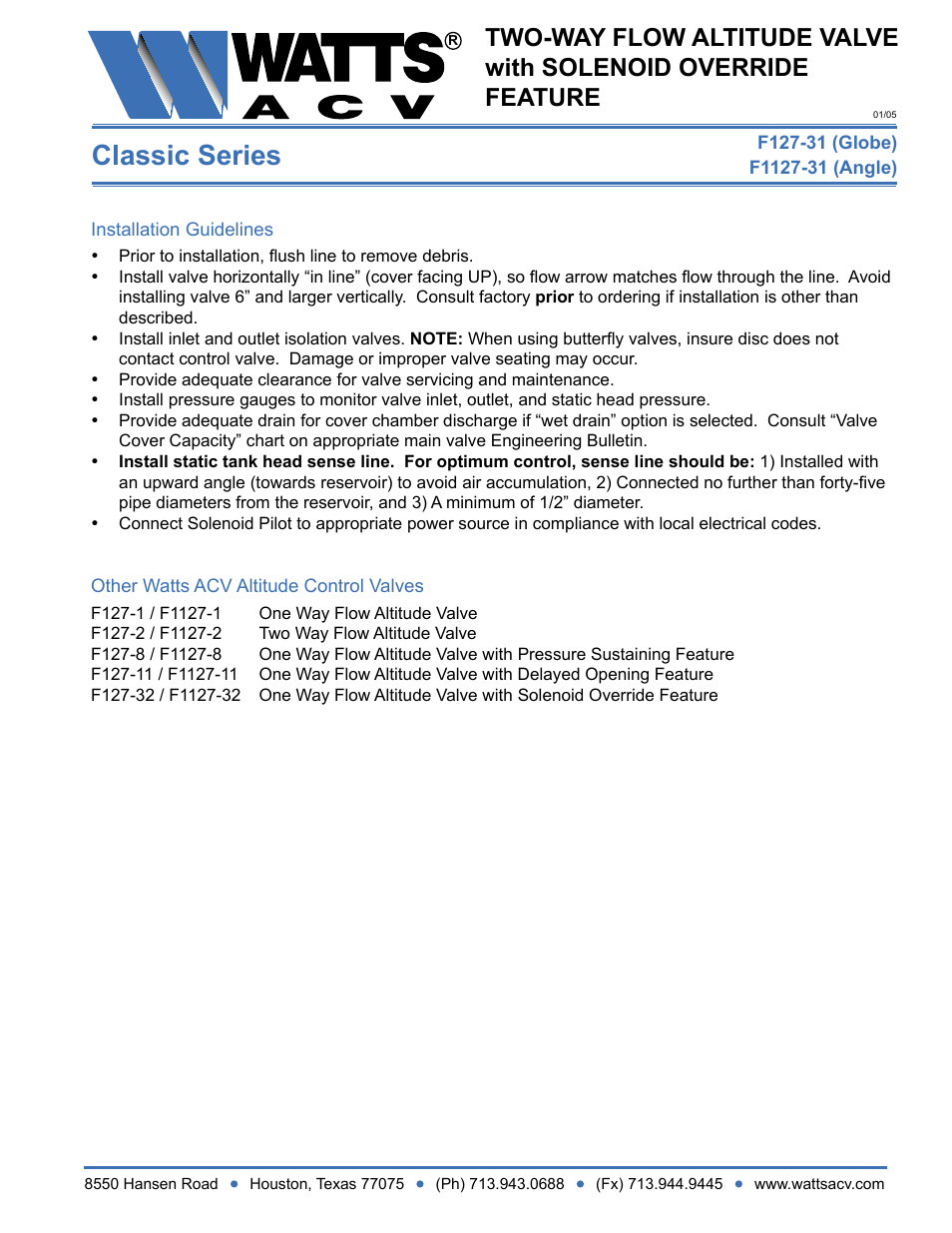 Classic series | Watts F1127-31 User Manual | Page 2 / 2