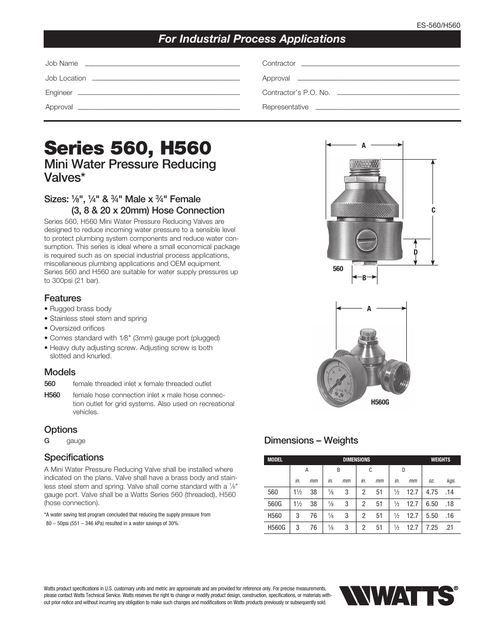 Watts H560 User Manual | 2 pages