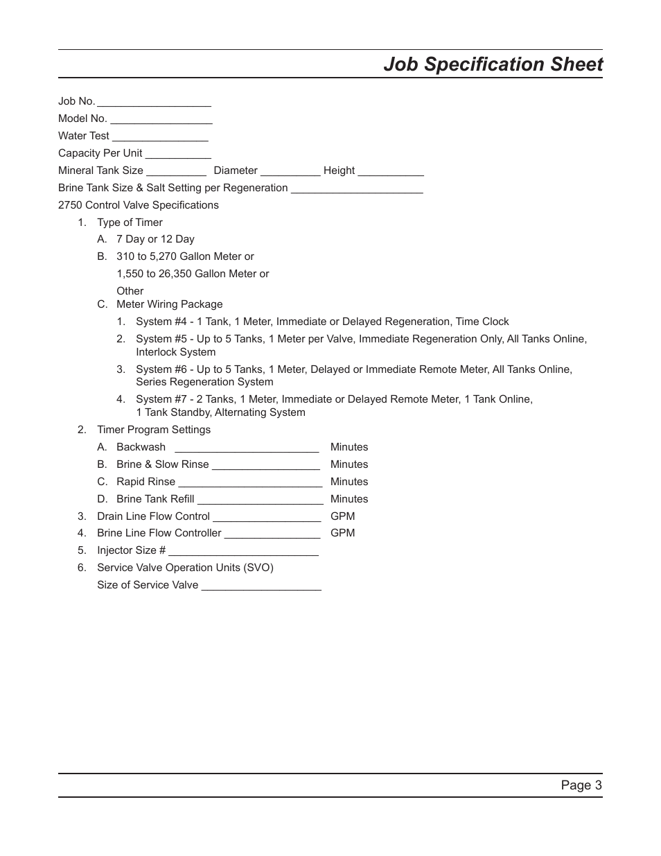 Job specification sheet | Watts Fleck 2750 Brass Valve User Manual | Page 3 / 36