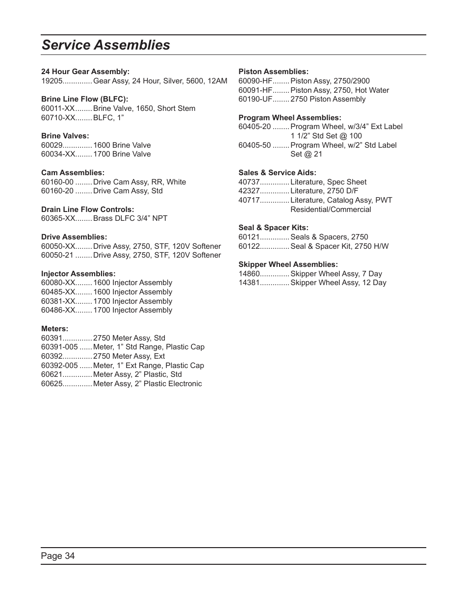 Service assemblies | Watts Fleck 2750 Brass Valve User Manual | Page 34 / 36
