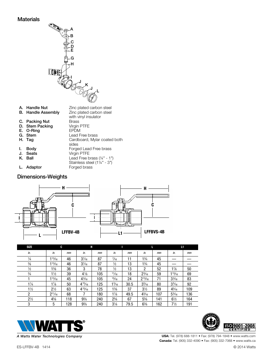 Dimensions-weights materials, Hc c l l1 lffbv-4b lffbvs-4b i | Watts LFFBVS-4B User Manual | Page 2 / 2