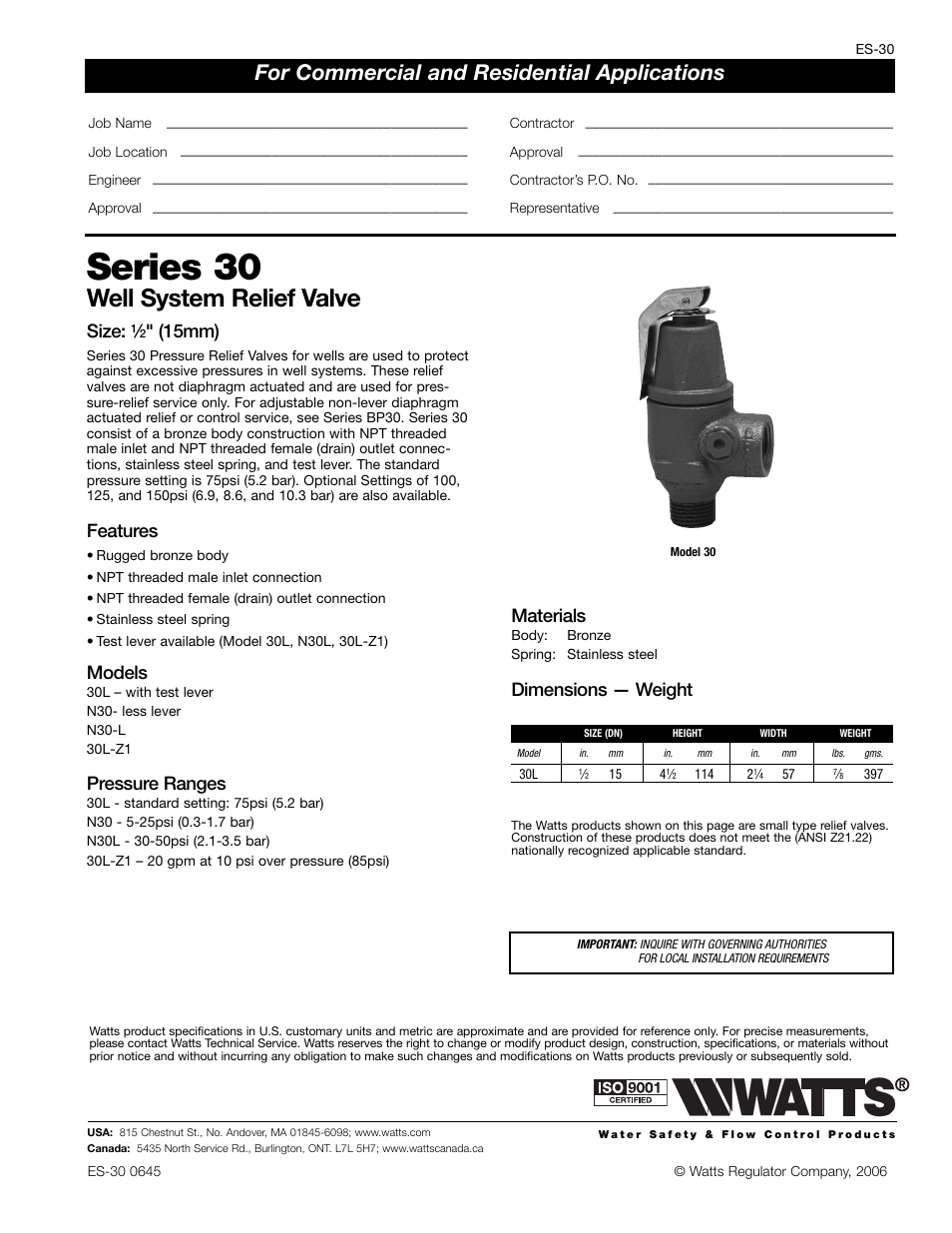 Watts N30 User Manual | 1 page