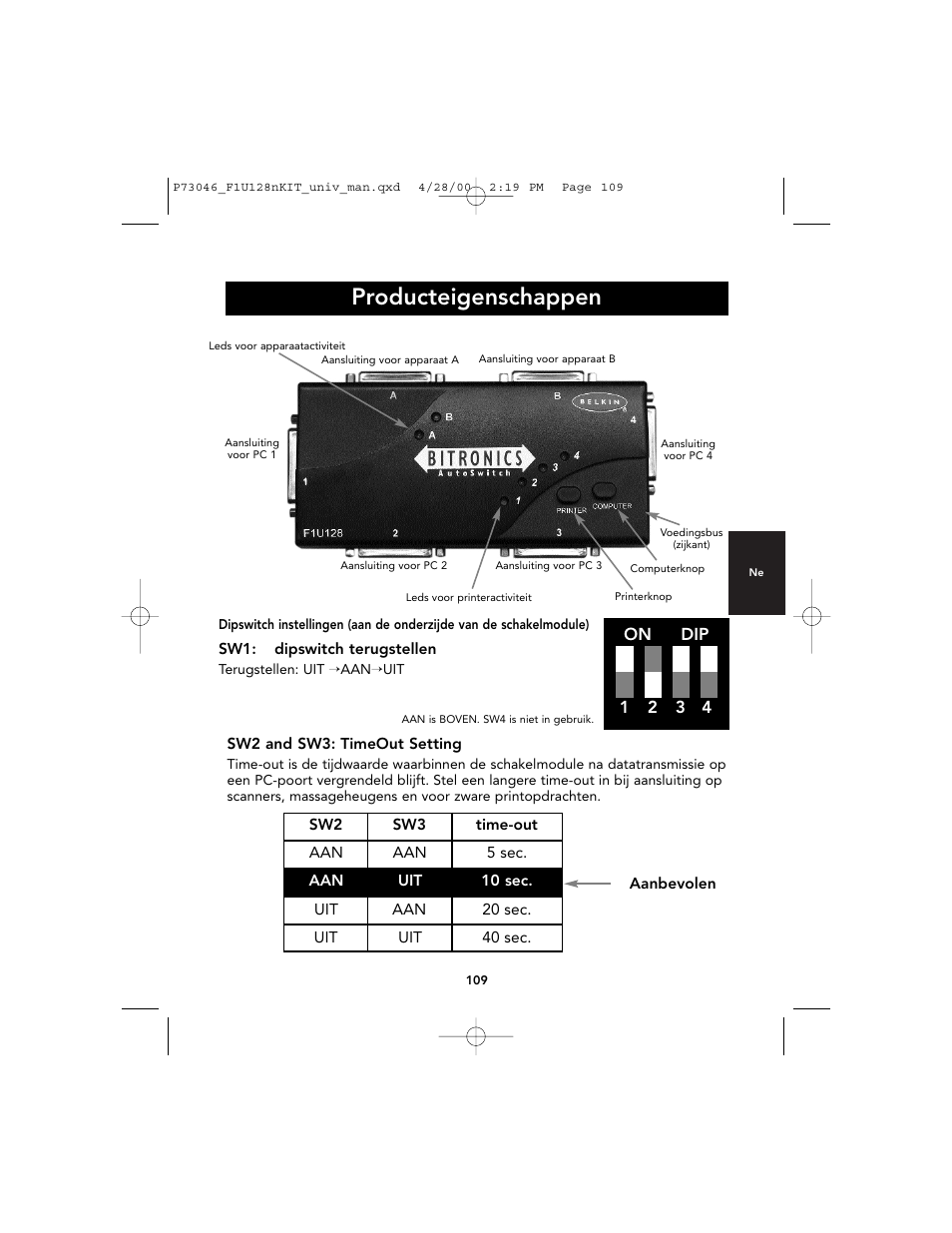 Producteigenschappen, On dip 1 2 3 4 | Belkin BITRONICS P73046 User Manual | Page 113 / 179