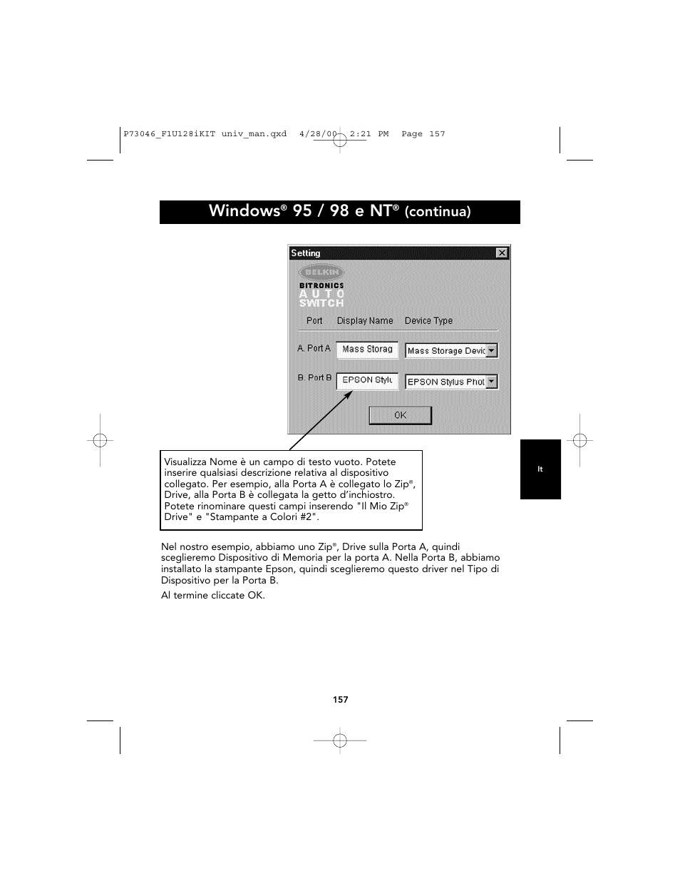Windows, 95 / 98 e nt, Continua) | Belkin BITRONICS P73046 User Manual | Page 160 / 179