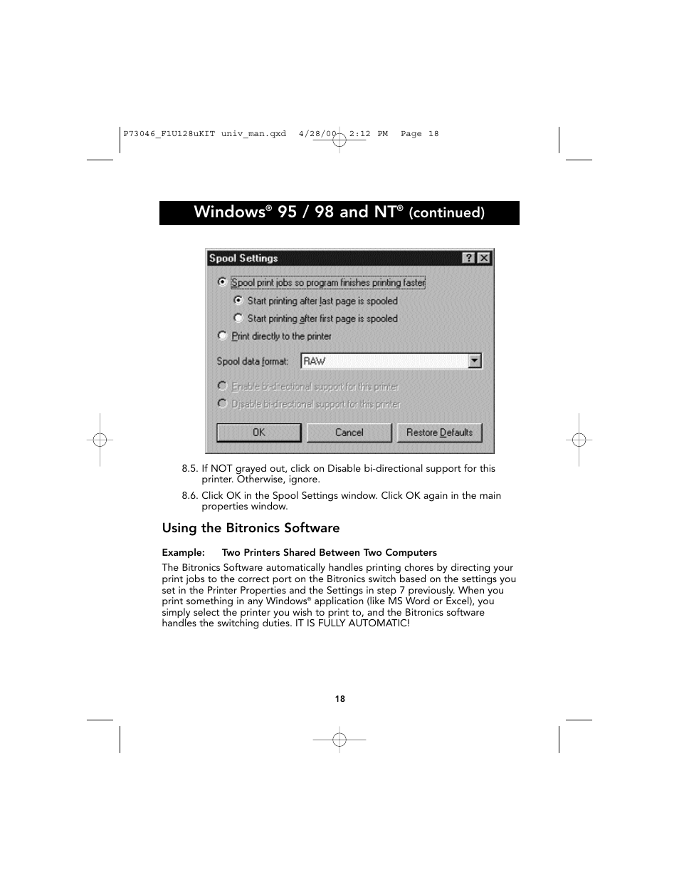 Windows, 95 / 98 and nt, Continued) | Belkin BITRONICS P73046 User Manual | Page 22 / 179