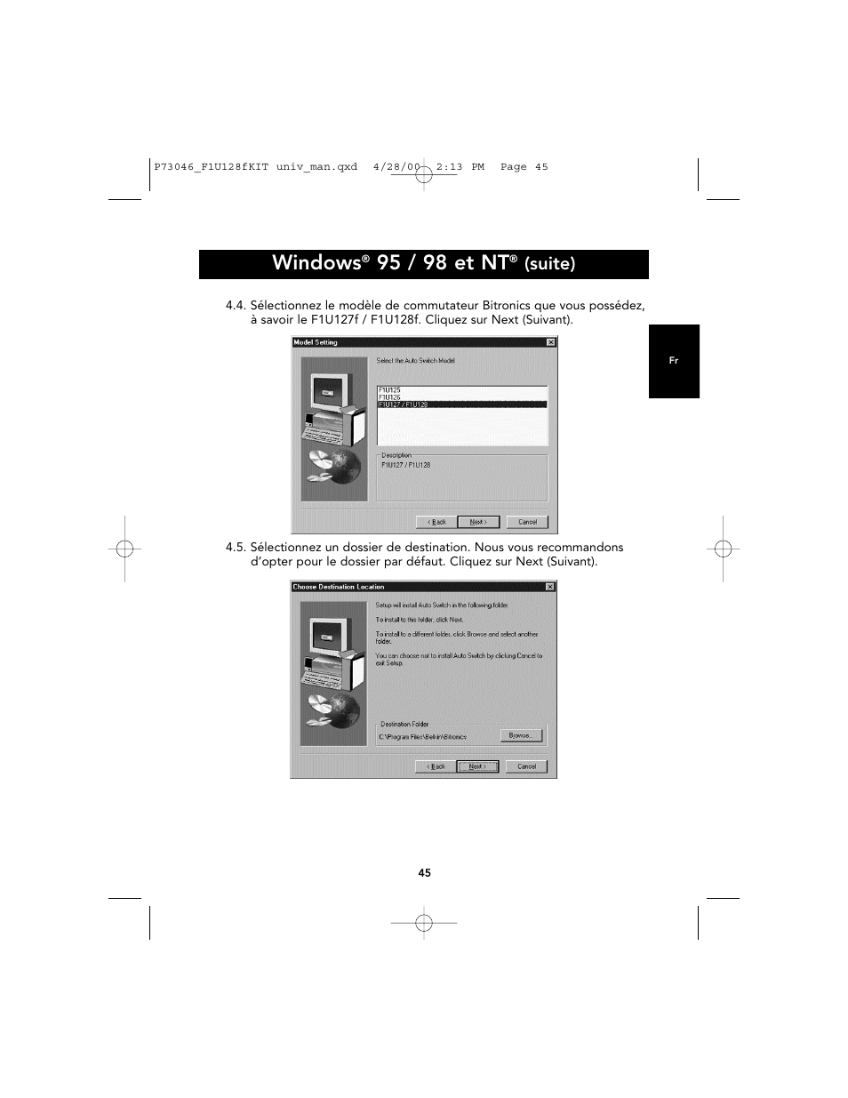 Windows, 95 / 98 et nt, Suite) | Belkin BITRONICS P73046 User Manual | Page 49 / 179