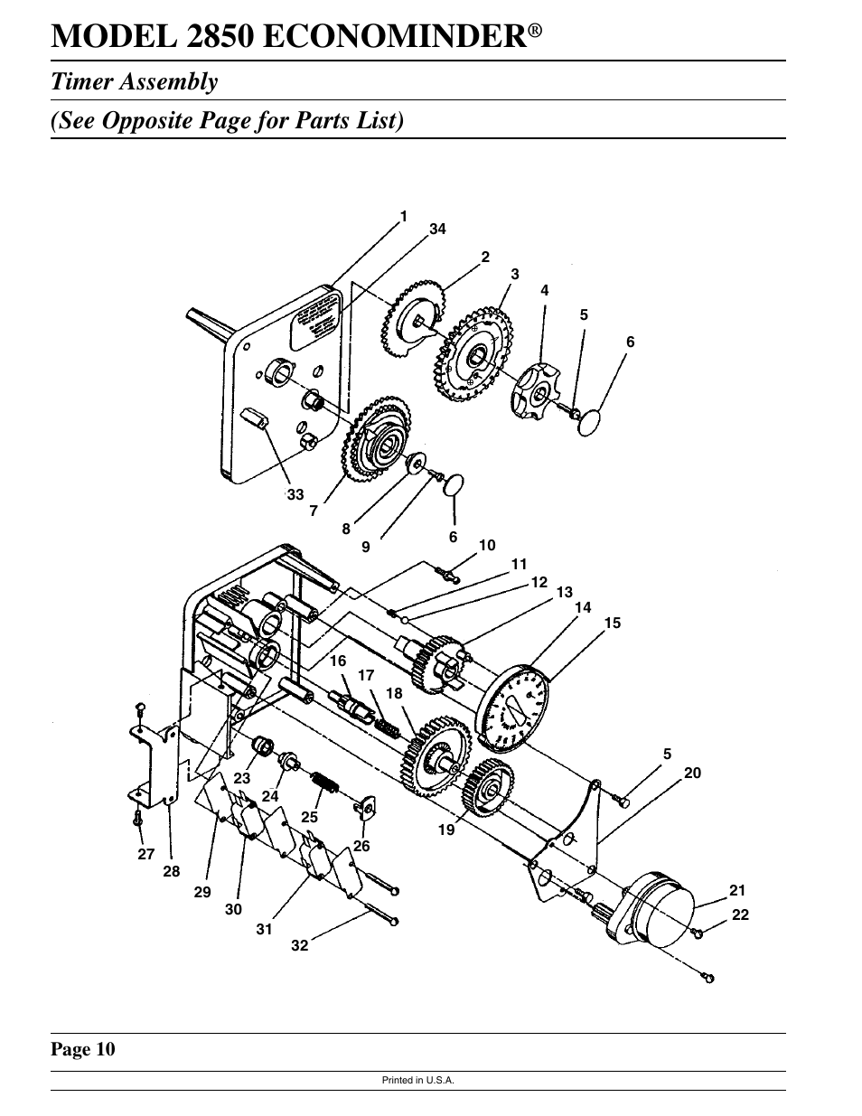 Model 2850 econominder, Timer assembly (see opposite page for parts list) | Watts Fleck 2850 Brass Valve User Manual | Page 10 / 44