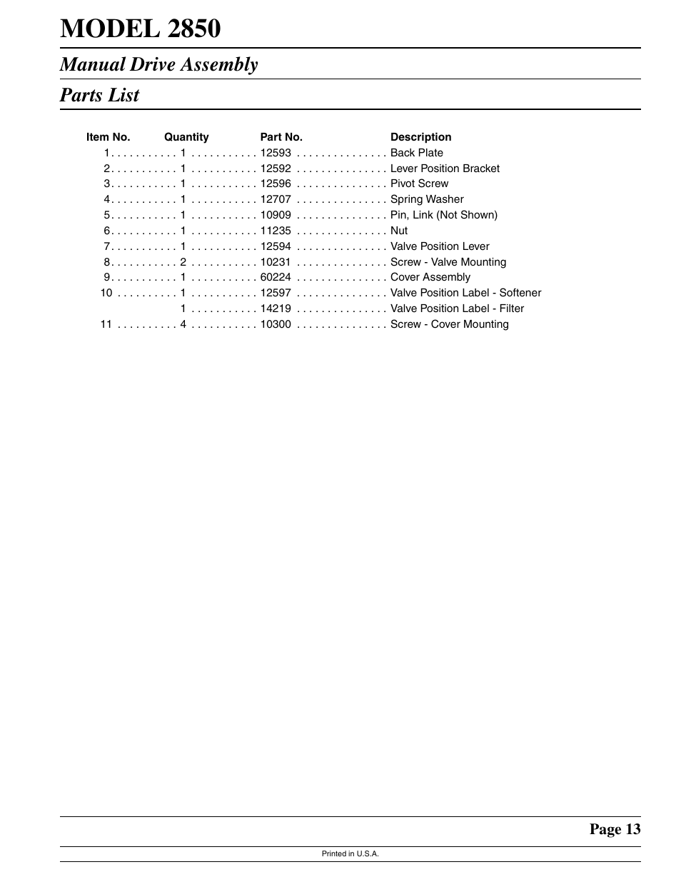 Model 2850, Manual drive assembly parts list, Page 13 | Watts Fleck 2850 Brass Valve User Manual | Page 13 / 44
