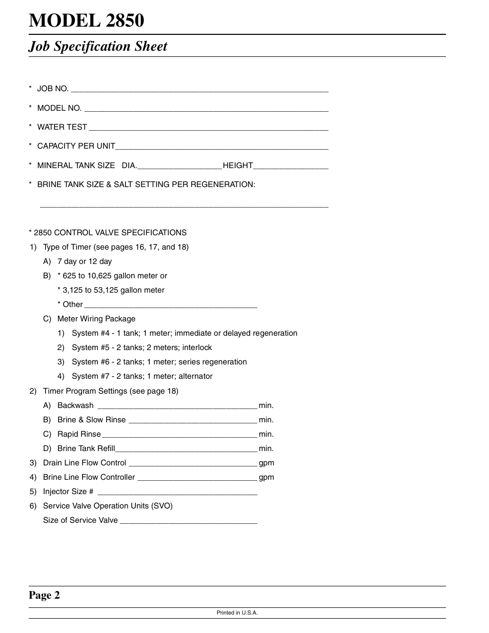 Model 2850, Job specification sheet, Page 2 | Watts Fleck 2850 Brass Valve User Manual | Page 2 / 44