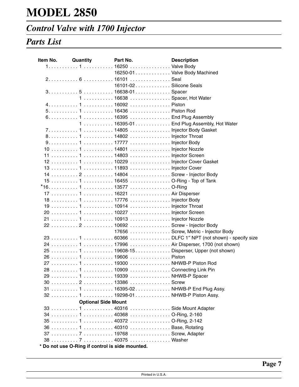Model 2850, Control valve with 1700 injector parts list, Page 7 | Watts Fleck 2850 Brass Valve User Manual | Page 7 / 44