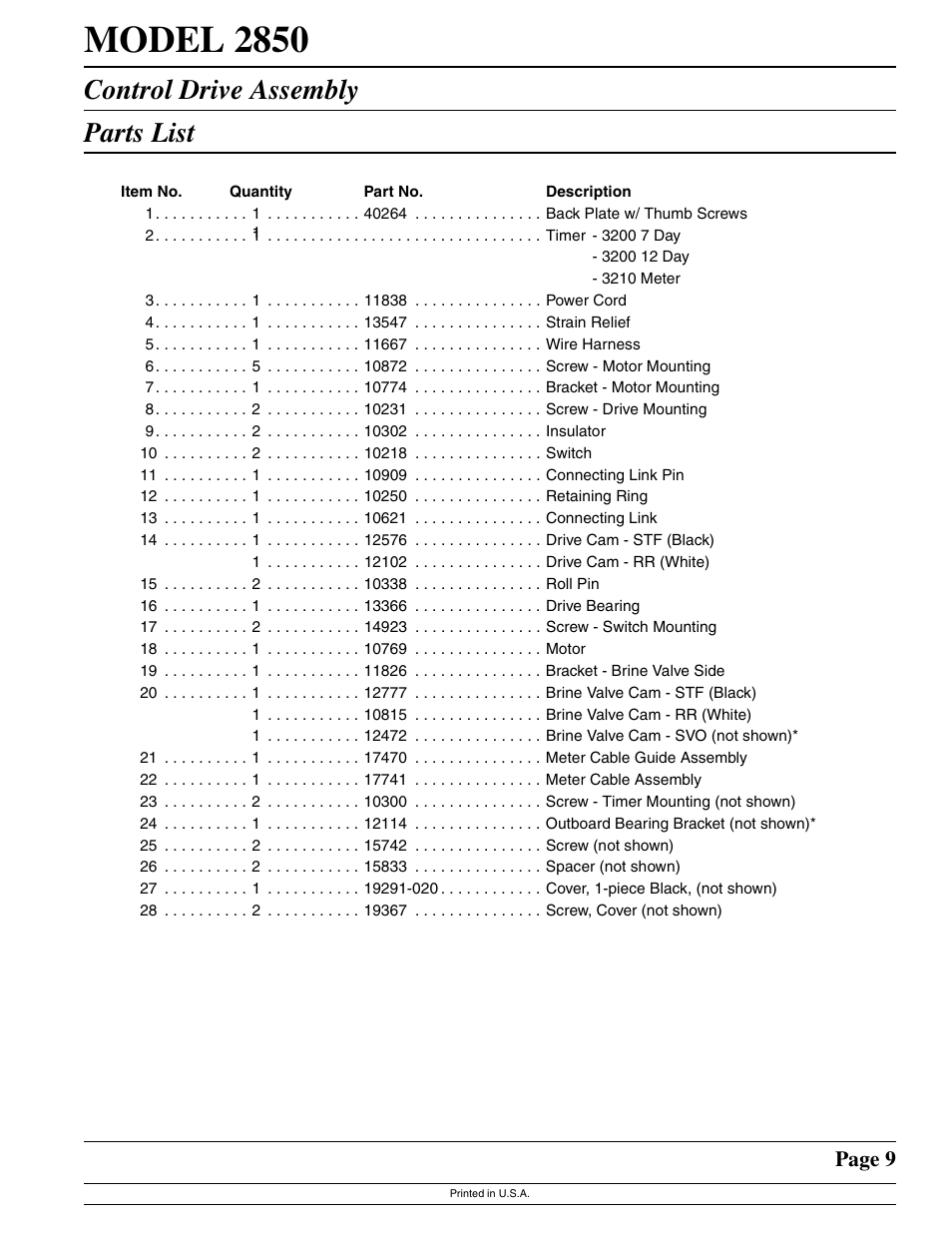 Model 2850, Control drive assembly parts list, Page 9 | Watts Fleck 2850 Brass Valve User Manual | Page 9 / 44