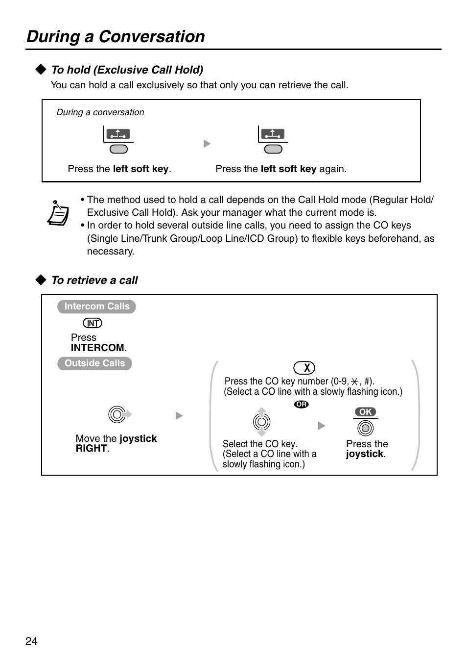 To hold (exclusive call hold), To retrieve a call, During a conversation | Panasonic KX-TCA256 User Manual | Page 24 / 56