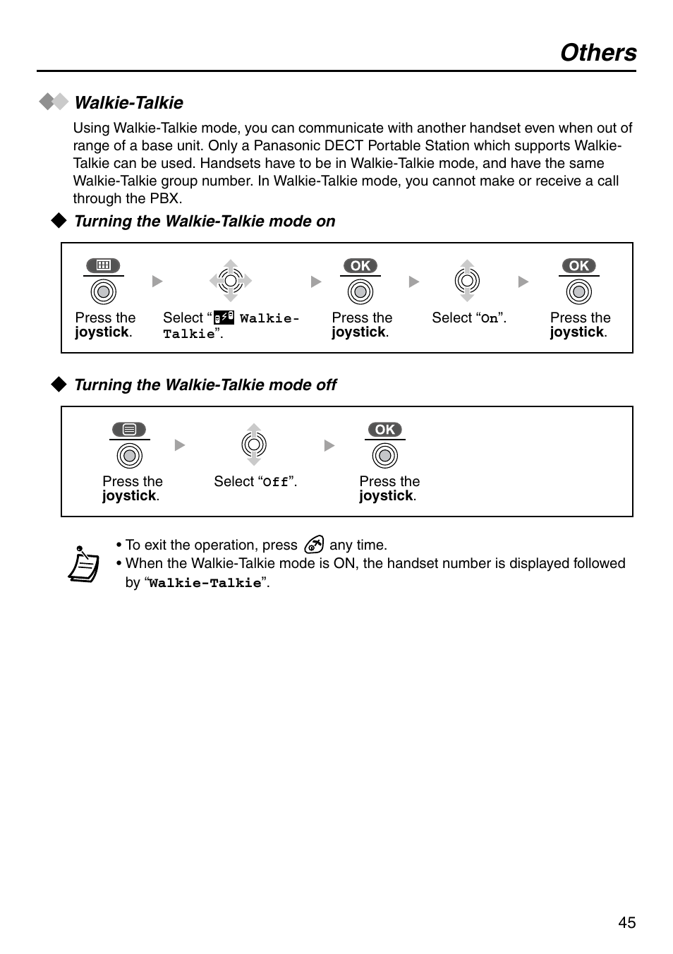 Others, Walkie-talkie, Turning the walkie-talkie mode on | Turning the walkie-talkie mode off | Panasonic KX-TCA256 User Manual | Page 45 / 56