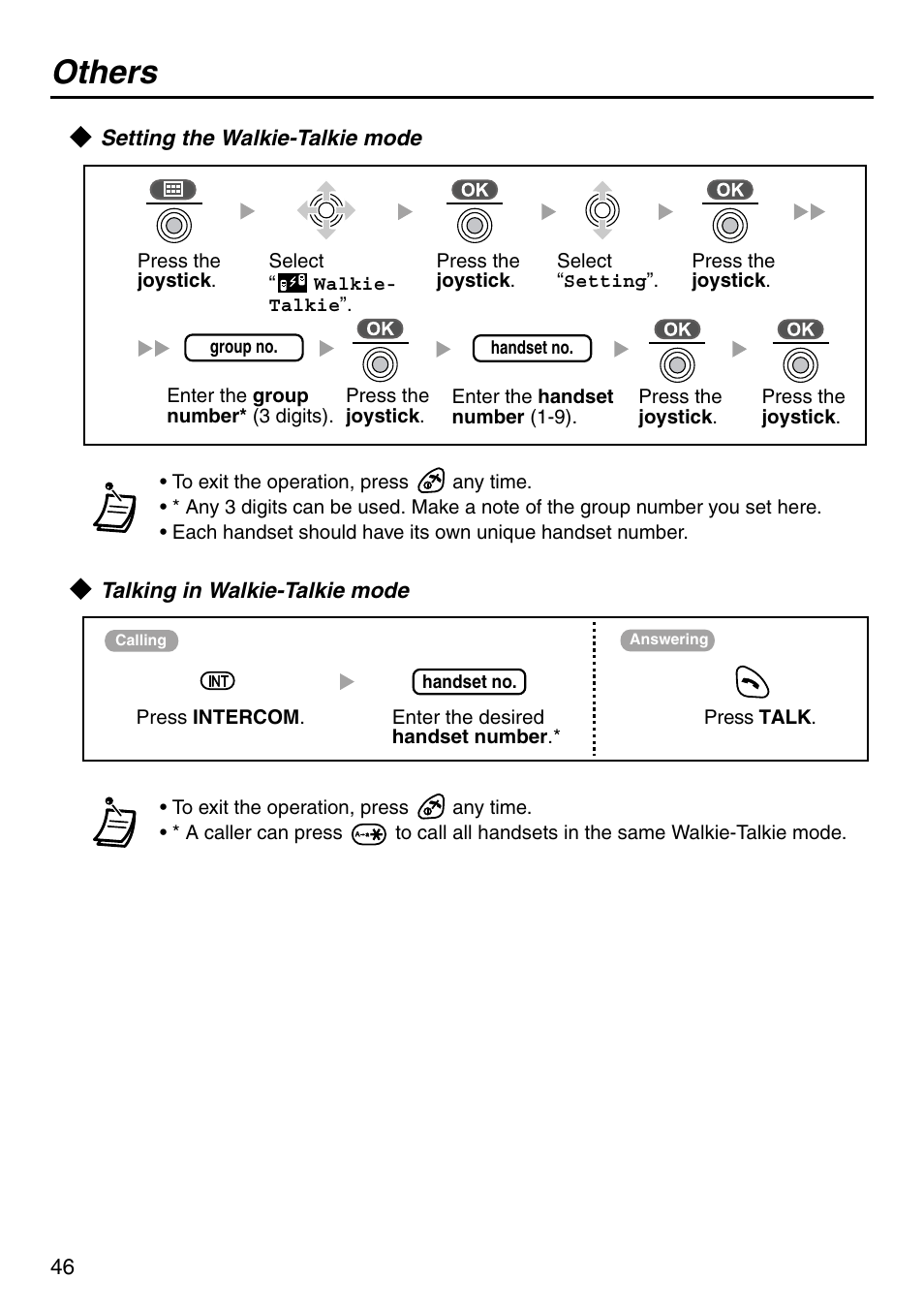 Setting the walkie-talkie mode, Talking in walkie-talkie mode, Others | Panasonic KX-TCA256 User Manual | Page 46 / 56
