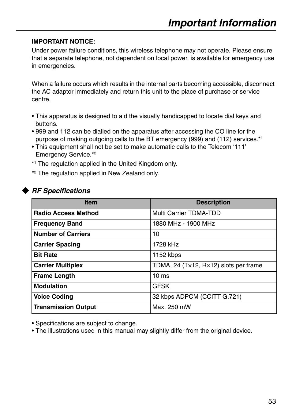 Rf specifications, Important information | Panasonic KX-TCA256 User Manual | Page 53 / 56