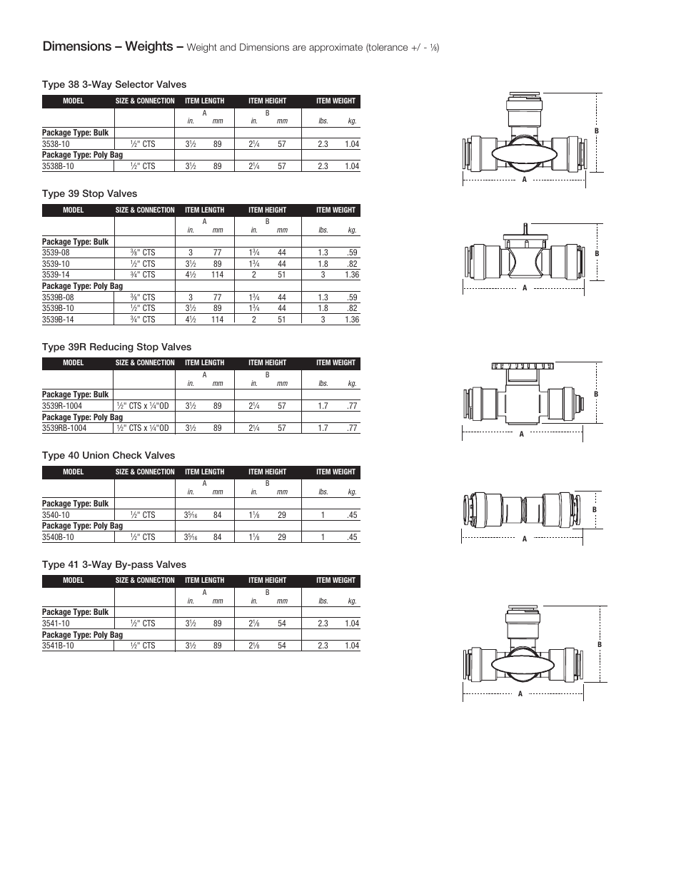 Dimensions – weights, Weight and dimensions are approximate (tolerance, Type 38 3-way selector valves | Type 39 stop valves, Type 39r reducing stop valves, Type 40 union check valves, Type 41 3-way by-pass valves | Watts 3559B User Manual | Page 2 / 4