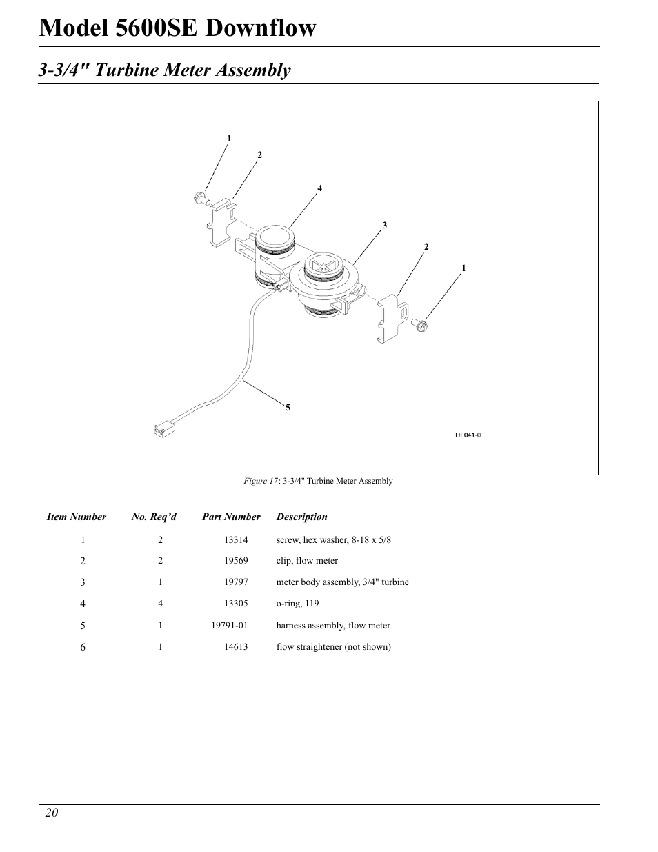 Model 5600se downflow, 3/4" turbine meter assembly | Watts Fleck 5600 Plastic Valve User Manual | Page 20 / 32