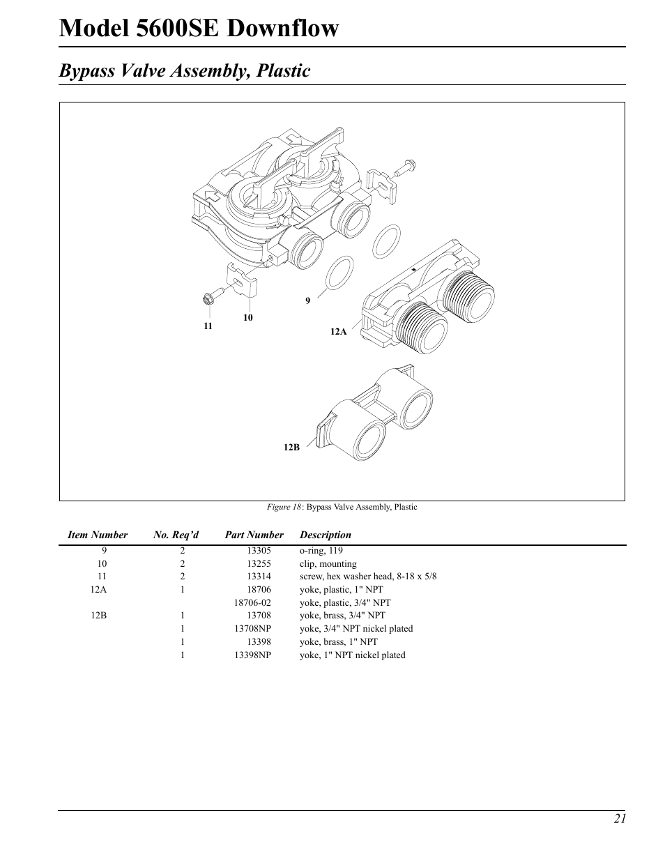 Model 5600se downflow, Bypass valve assembly, plastic | Watts Fleck 5600 Plastic Valve User Manual | Page 21 / 32