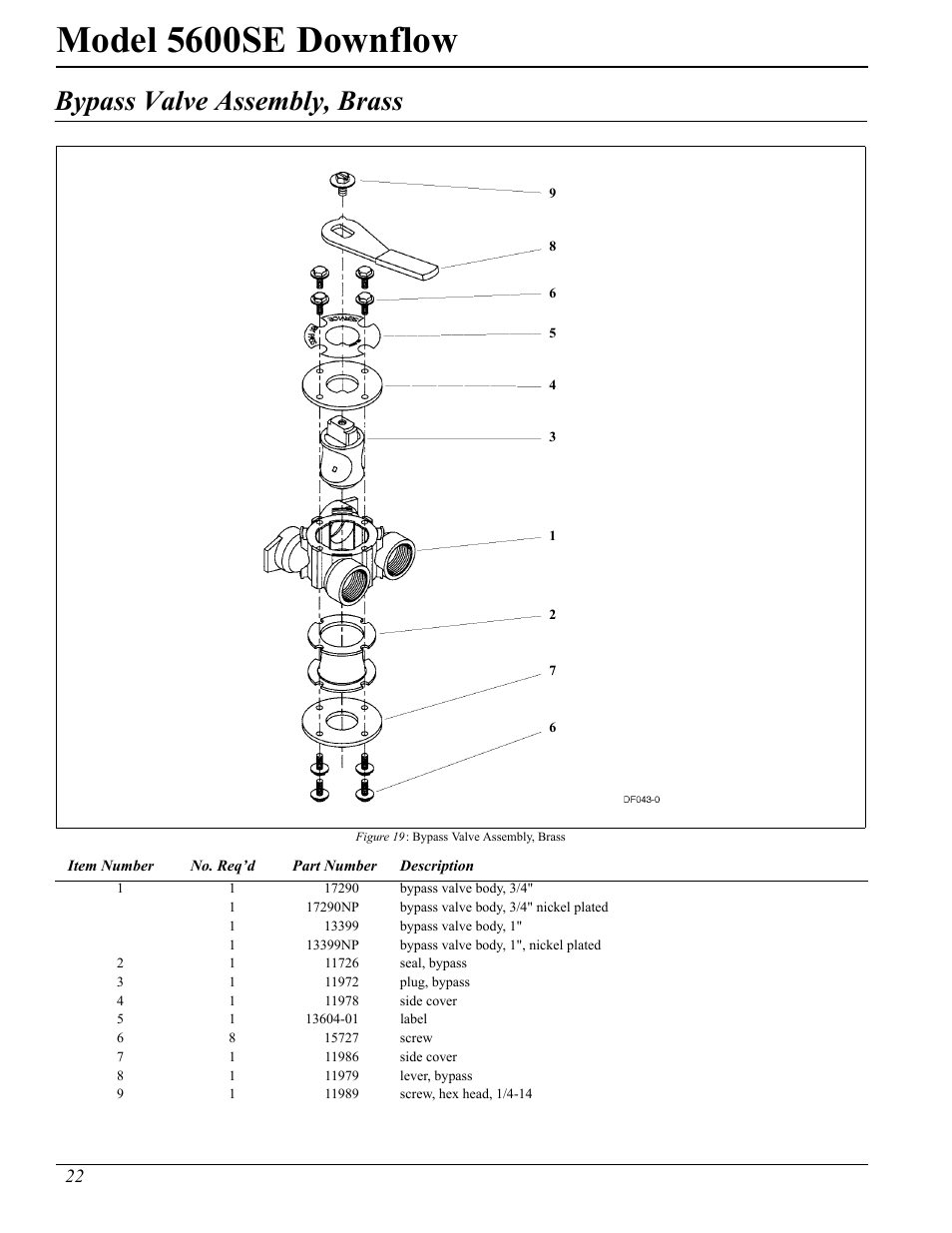 Model 5600se downflow, Bypass valve assembly, brass | Watts Fleck 5600 Plastic Valve User Manual | Page 22 / 32