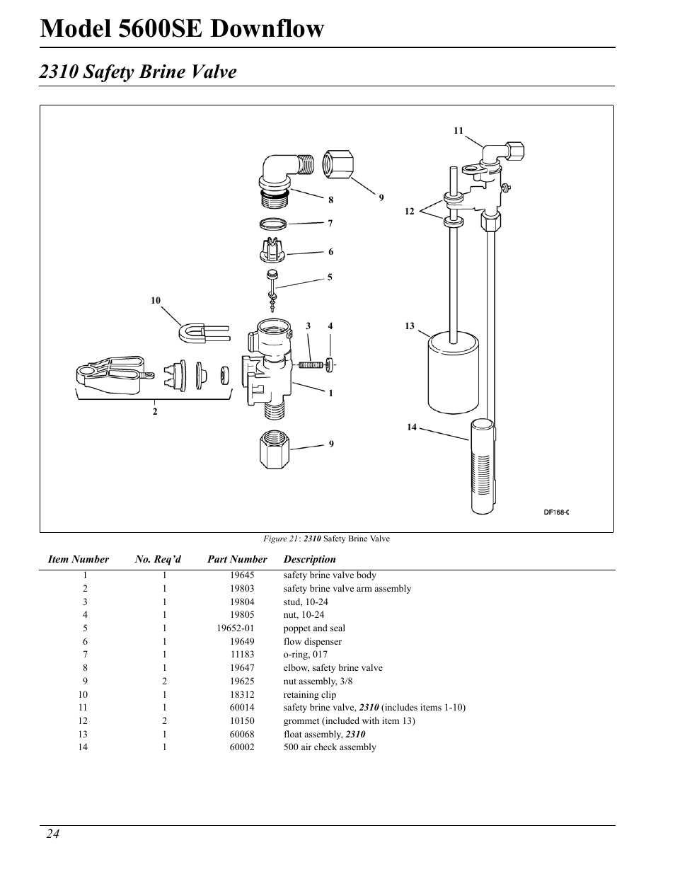 Model 5600se downflow, 2310 safety brine valve | Watts Fleck 5600 Plastic Valve User Manual | Page 24 / 32