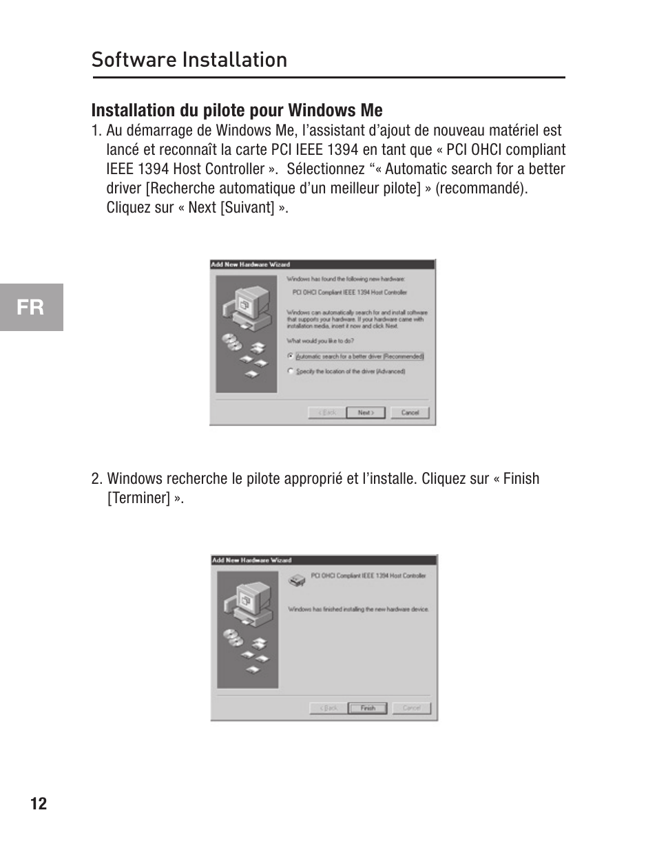 Installation du pilote pour windows me, Software installation | Belkin FIREWIRE F5U503 User Manual | Page 34 / 112