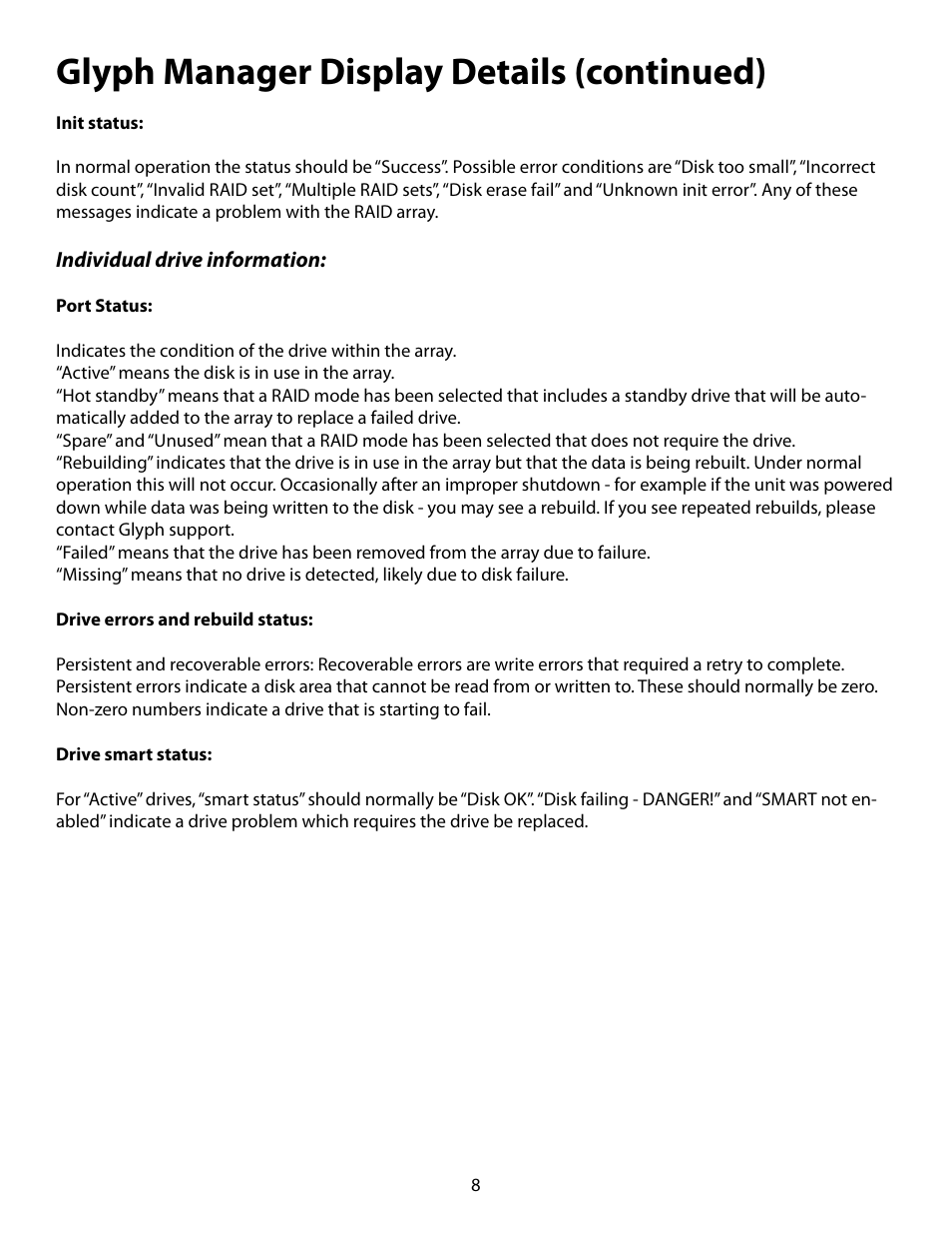 Glyph manager display details (continued) | Glyph ForteRAID User Manual | Page 8 / 20