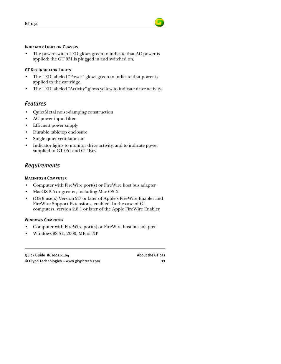 Features, Requirements | Glyph GT 051 User Manual | Page 13 / 30