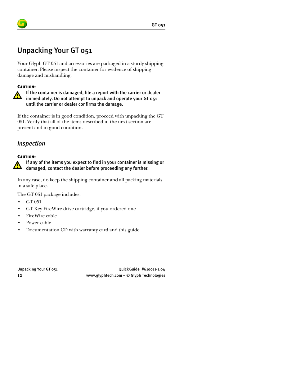 Unpacking your gt 051, Inspection | Glyph GT 051 User Manual | Page 14 / 30