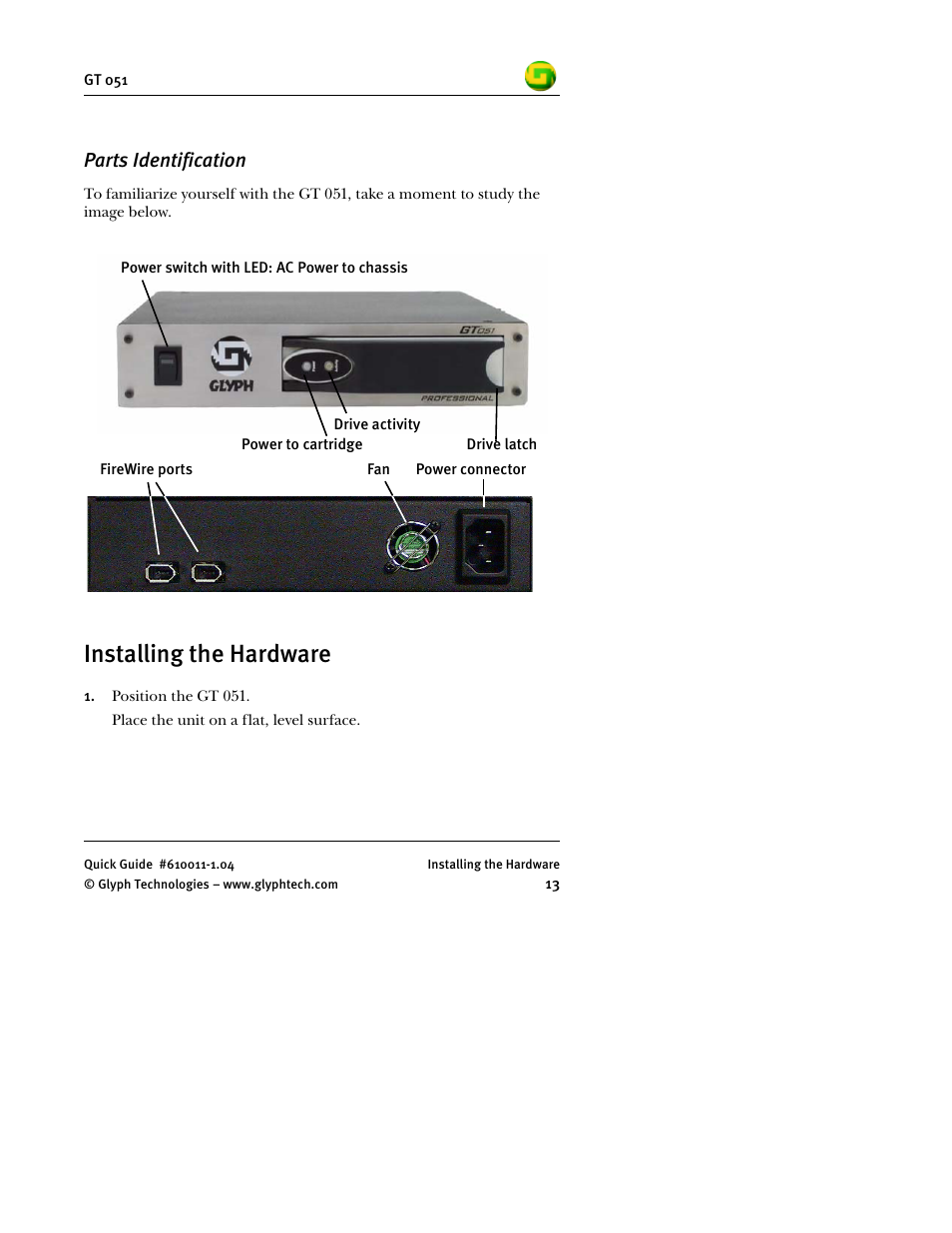 Parts identification, Installing the hardware | Glyph GT 051 User Manual | Page 15 / 30