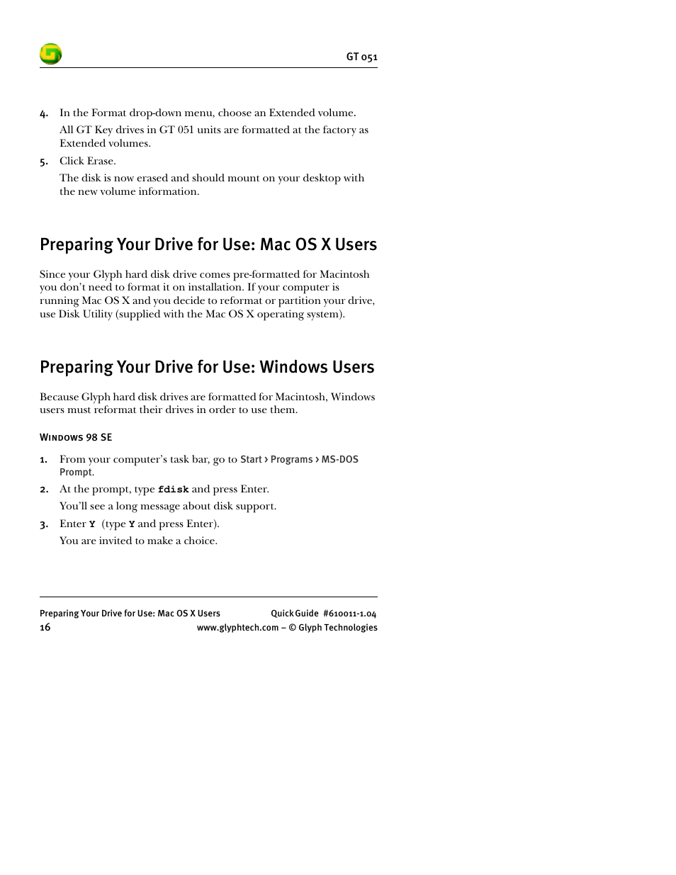 Preparing your drive for use: mac os x users, Preparing your drive for use: windows users | Glyph GT 051 User Manual | Page 18 / 30