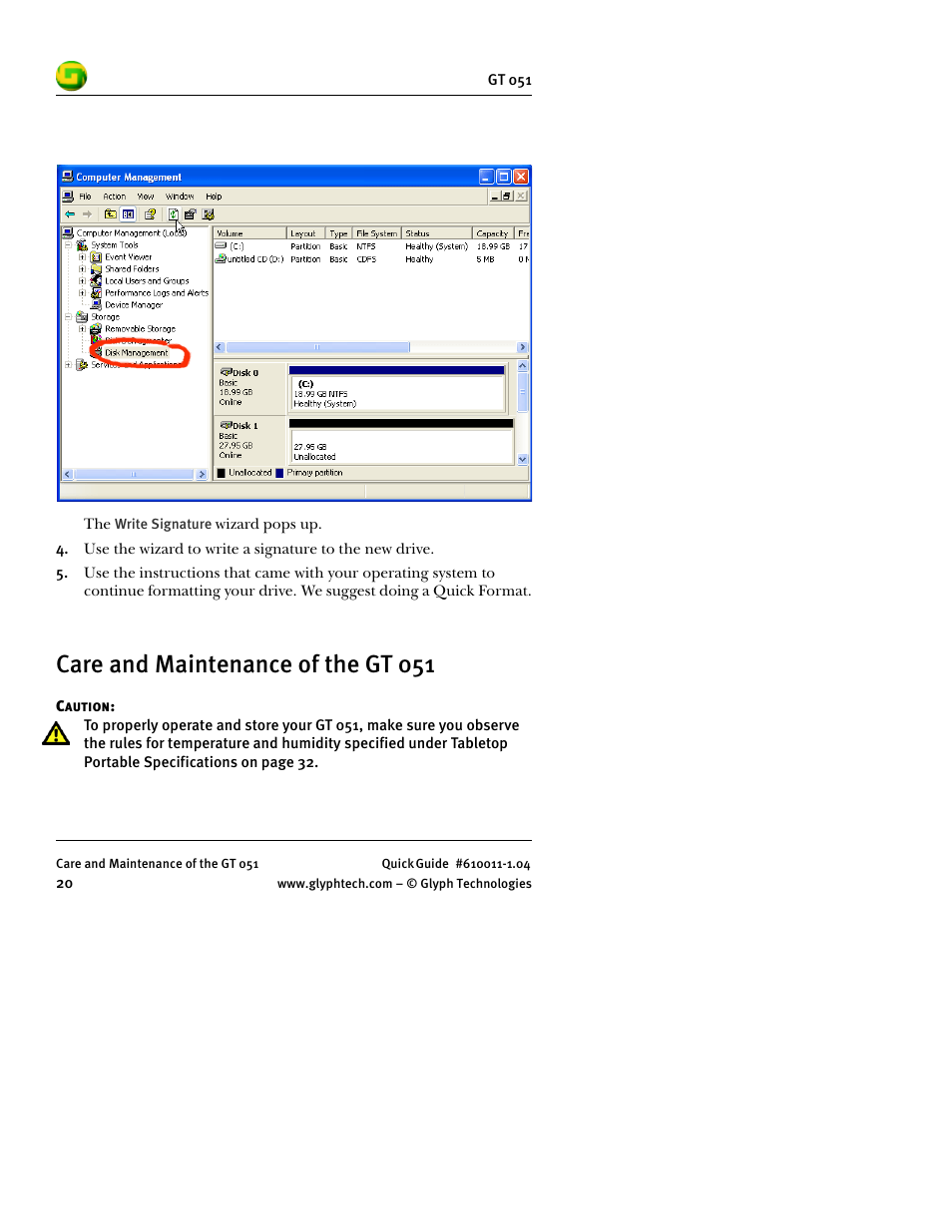 Care and maintenance of the gt 051 | Glyph GT 051 User Manual | Page 22 / 30