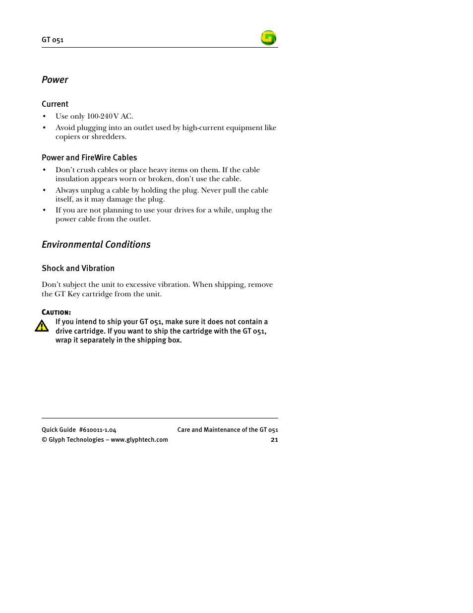 Power, Environmental conditions | Glyph GT 051 User Manual | Page 23 / 30