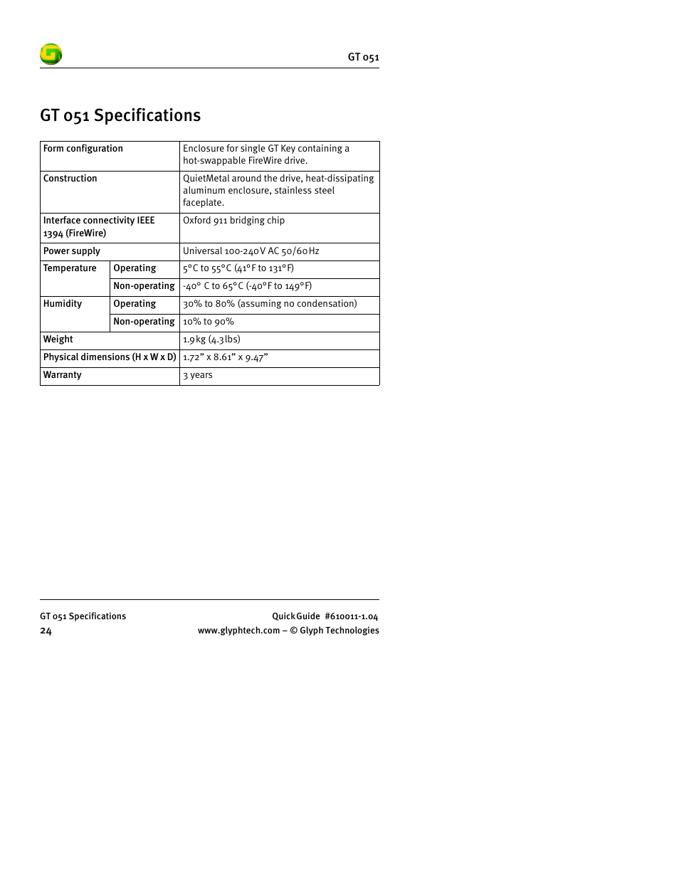 Gt 051 specifications | Glyph GT 051 User Manual | Page 26 / 30