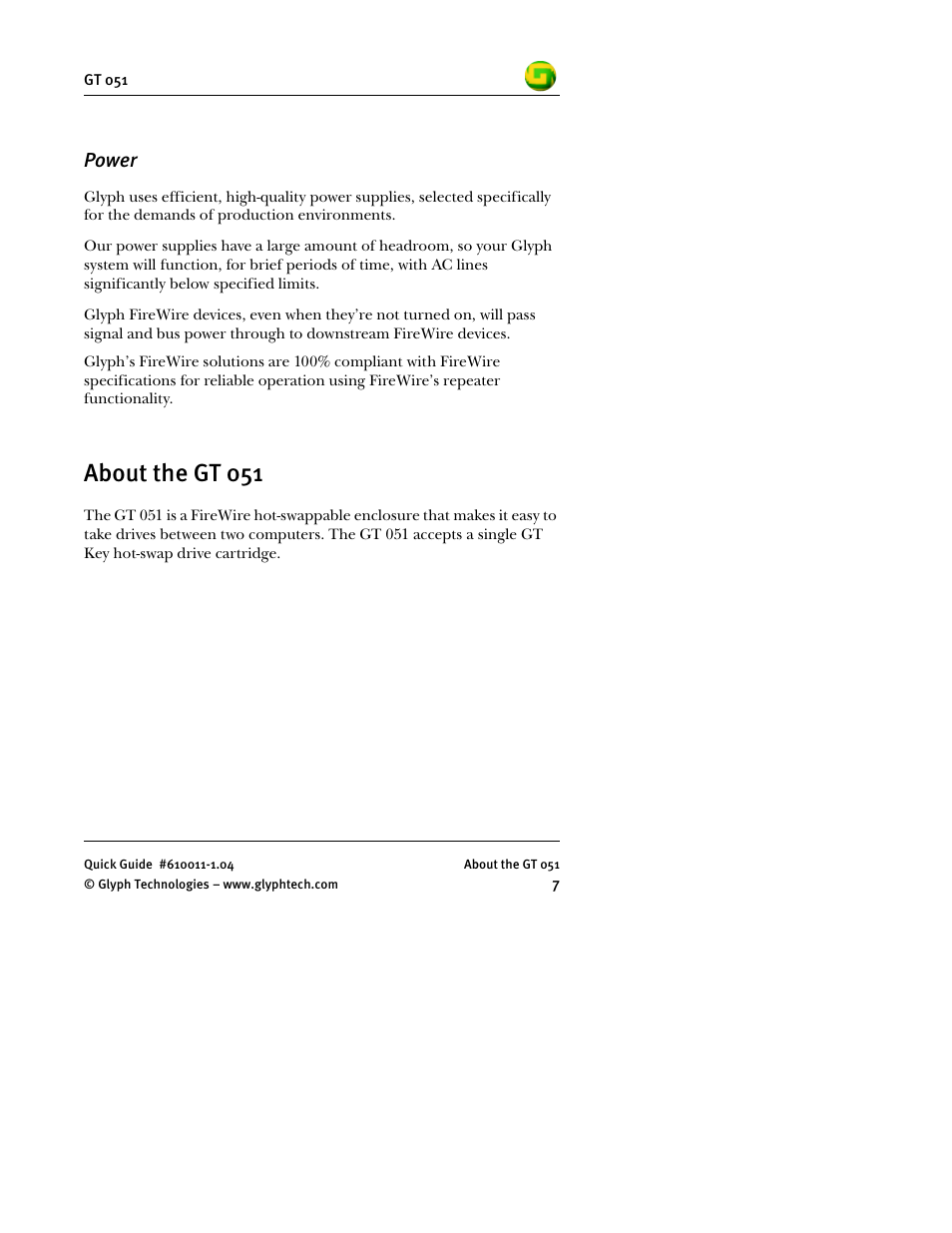 Power, About the gt 051 | Glyph GT 051 User Manual | Page 9 / 30