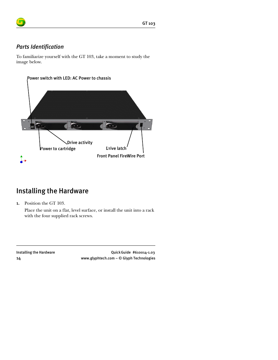 Parts identification, Installing the hardware | Glyph GT 103 User Manual | Page 16 / 32