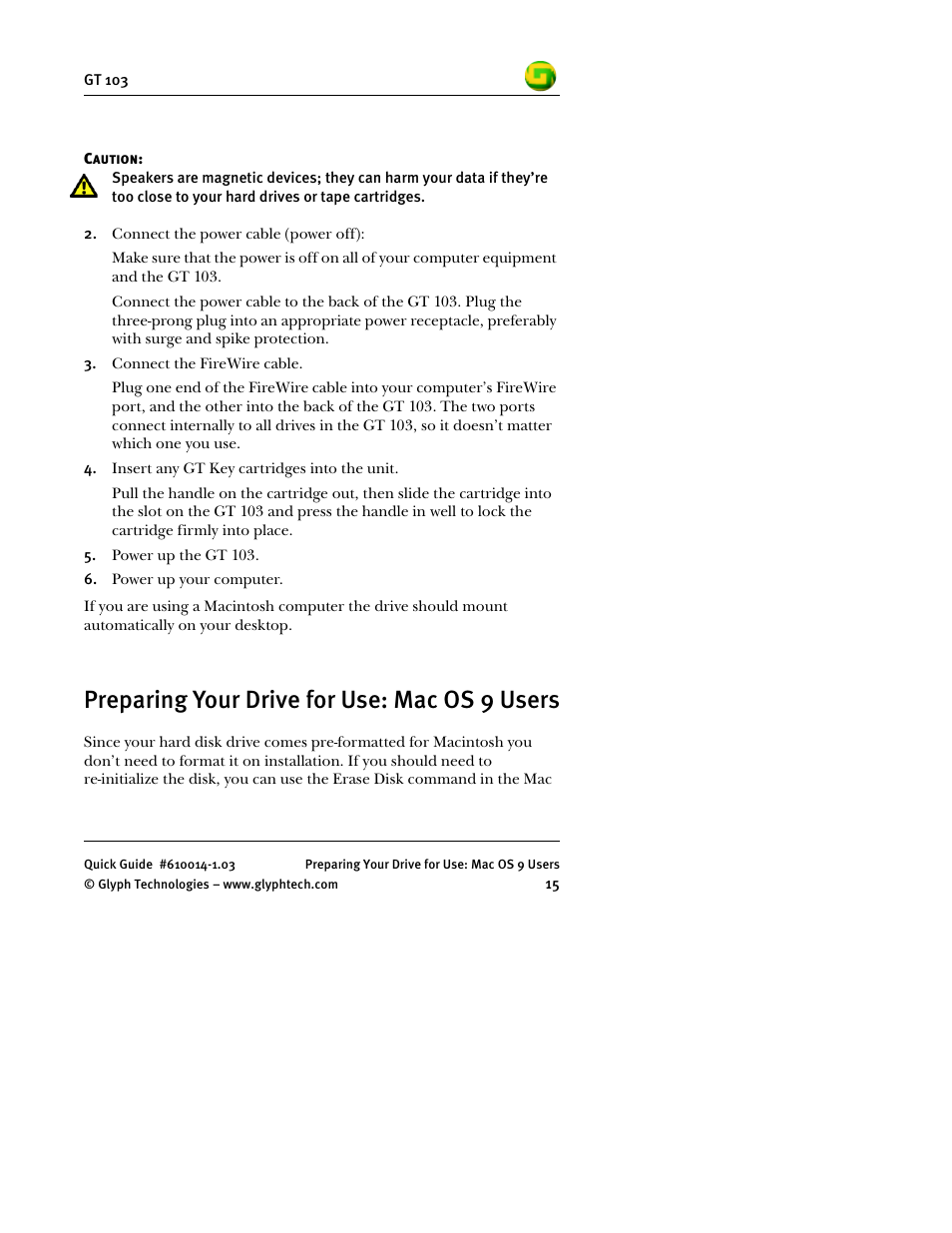 Preparing your drive for use: mac os 9 users | Glyph GT 103 User Manual | Page 17 / 32