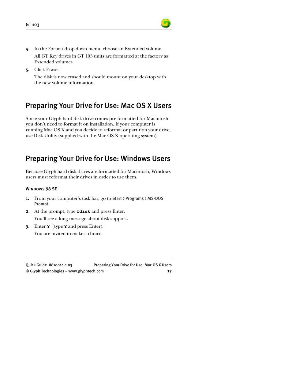 Preparing your drive for use: mac os x users, Preparing your drive for use: windows users | Glyph GT 103 User Manual | Page 19 / 32