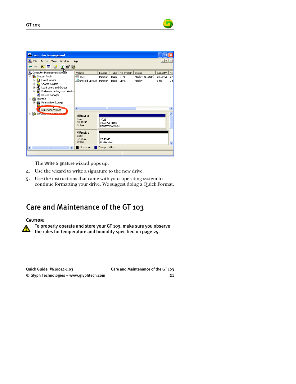 Care and maintenance of the gt 103 | Glyph GT 103 User Manual | Page 23 / 32