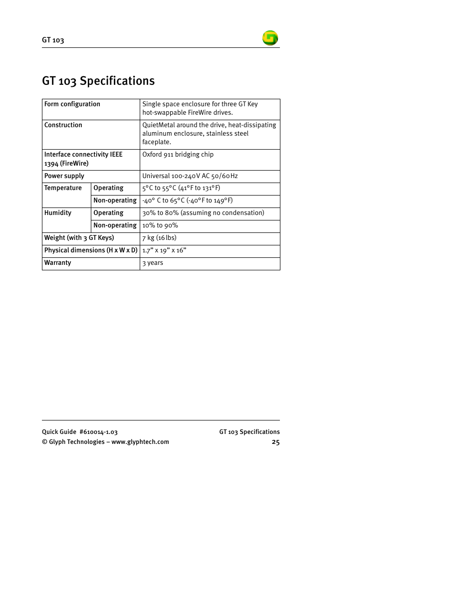 Gt 103 specifications | Glyph GT 103 User Manual | Page 27 / 32