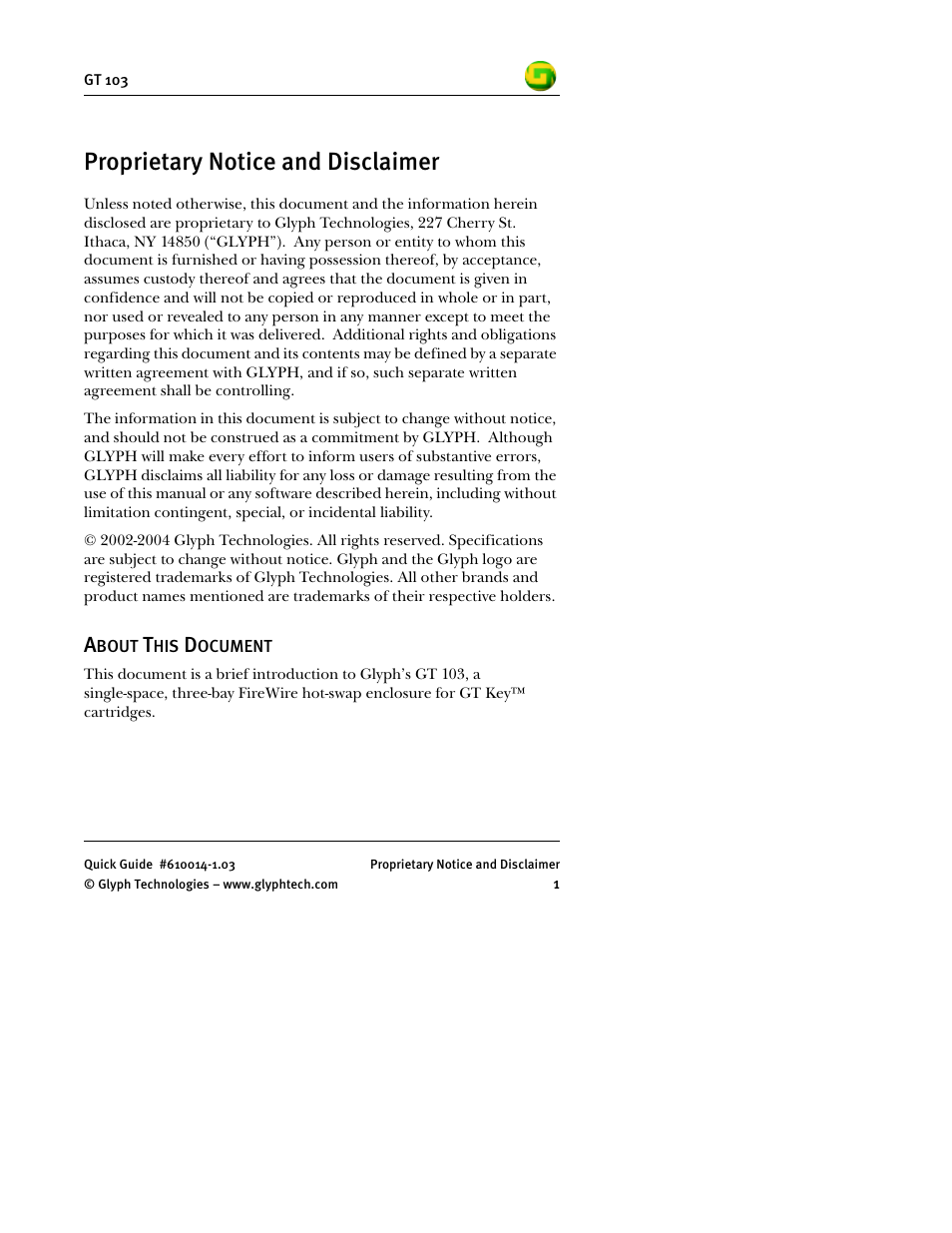 Proprietary notice and disclaimer | Glyph GT 103 User Manual | Page 3 / 32