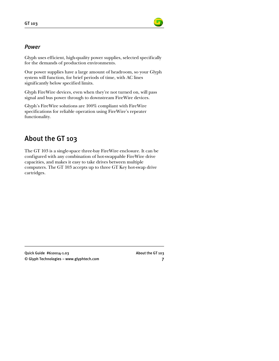 Power, About the gt 103 | Glyph GT 103 User Manual | Page 9 / 32